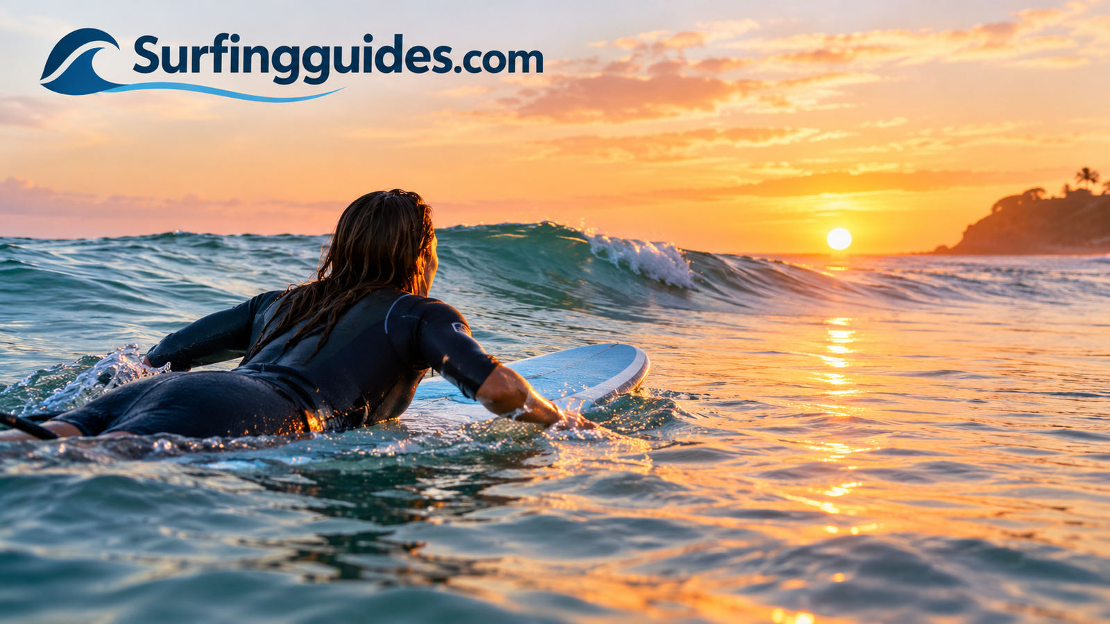 Beginner surfer paddling out on a small, clean wave at sunrise