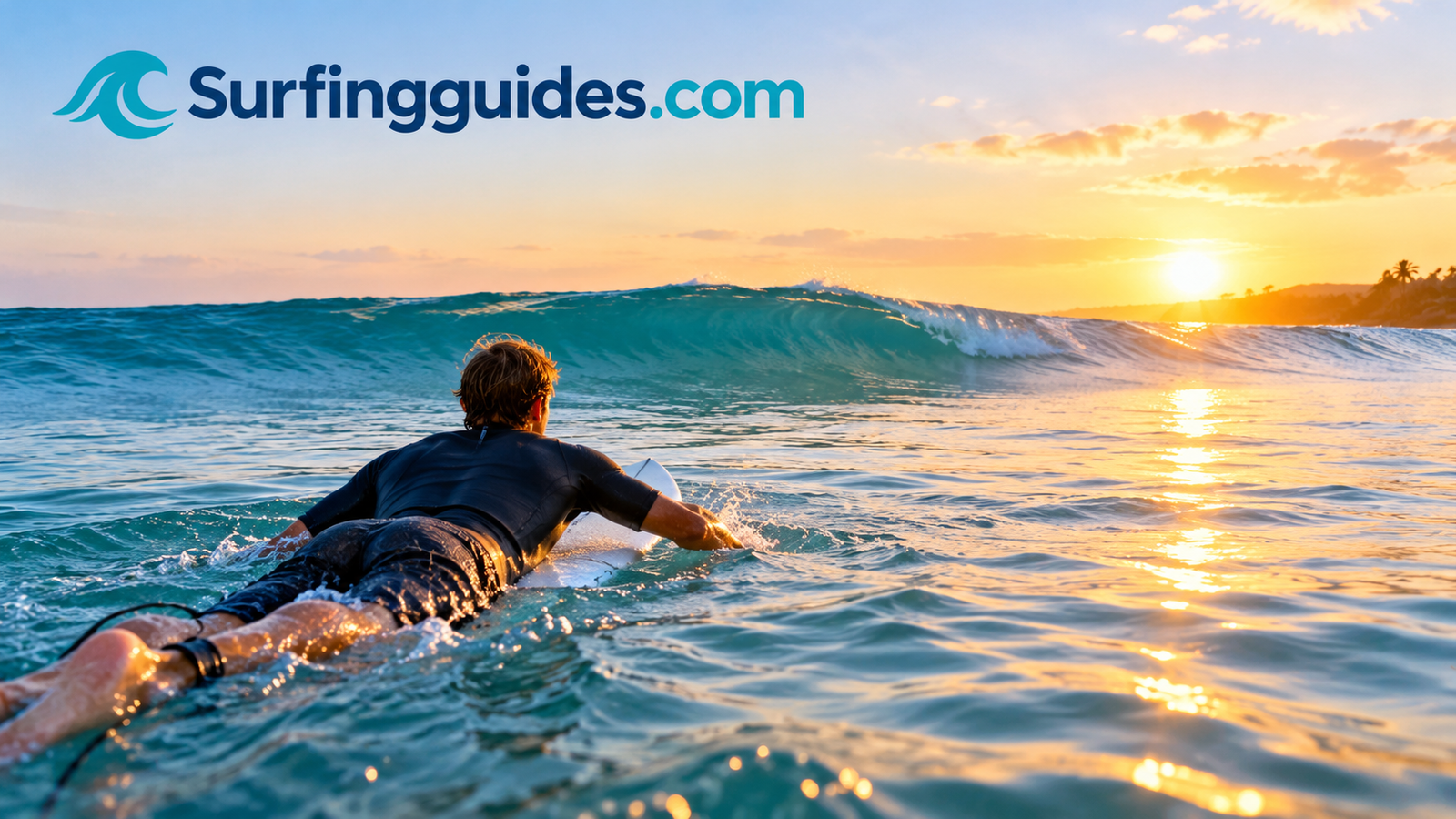 Beginner surfer paddling toward a small clean wave at sunrise