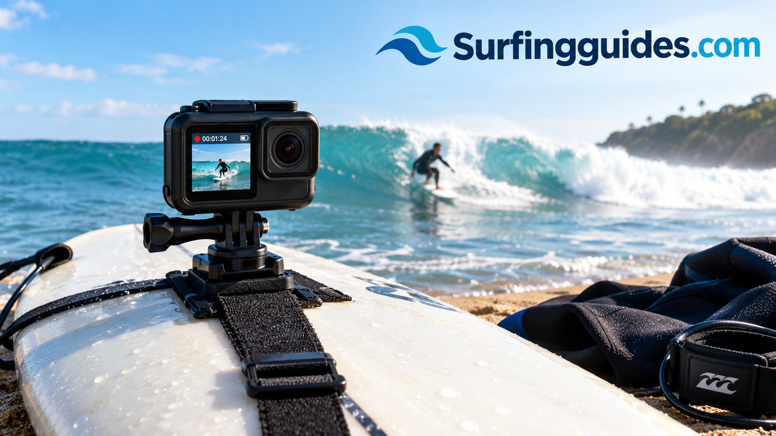 Action camera set up for filming a surf session