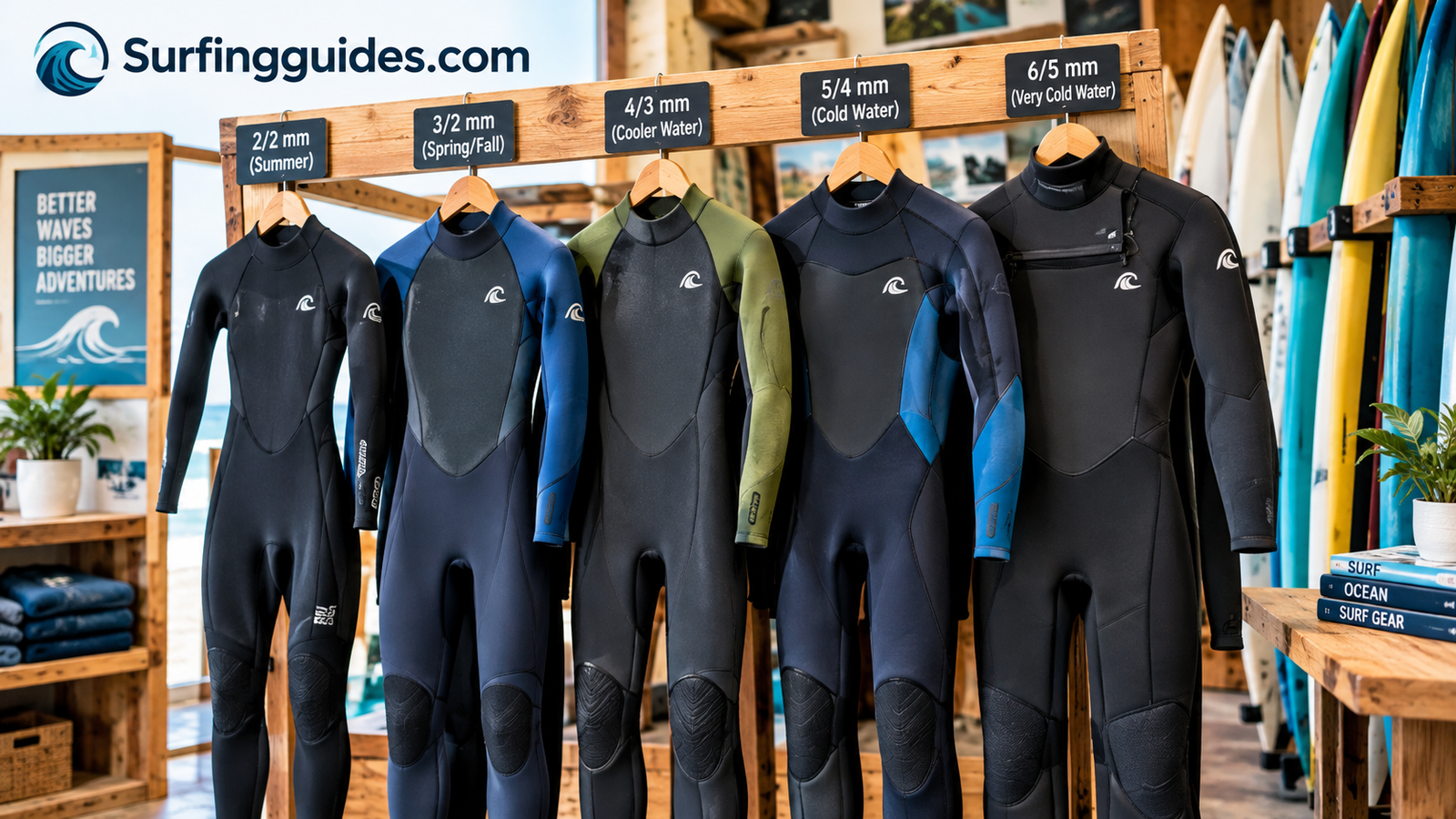 Row of surfing wetsuits in different thicknesses hanging in a surf shop