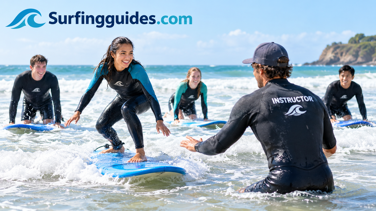 Surf instructor coaching a group of beginners in shallow whitewater