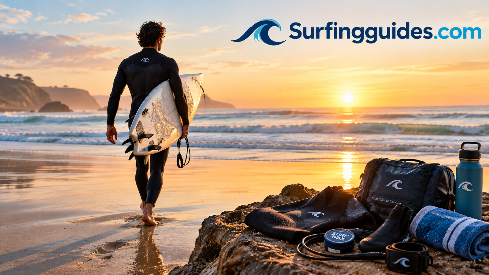 Surfer carrying a surfboard down the beach at sunrise with the essential gear for surfing