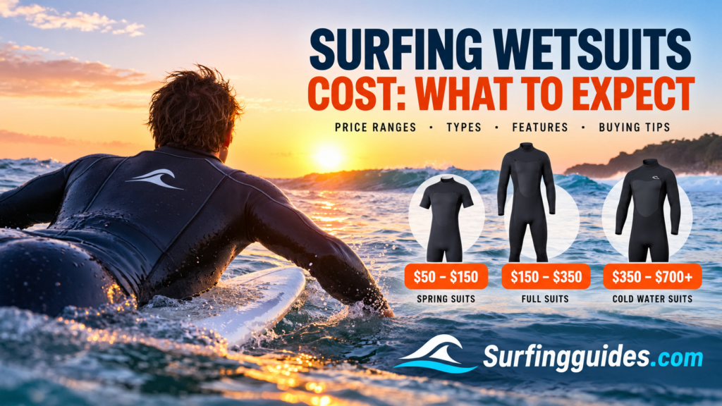 Surfer in a fitted wetsuit paddling out at sunrise, showing what surfing wetsuits cost