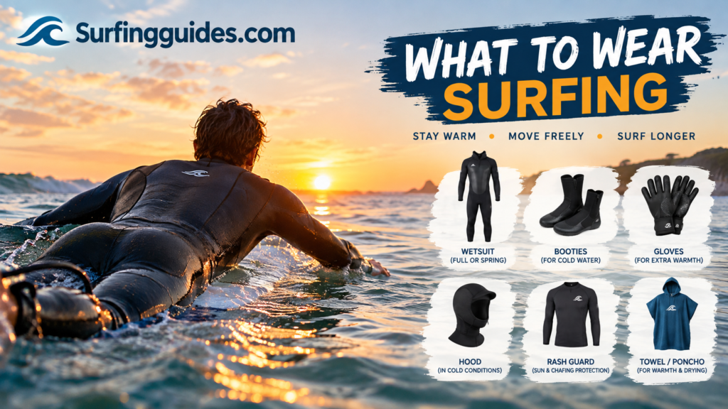 Surfer in a wetsuit paddling out at sunrise, showing what to wear surfing