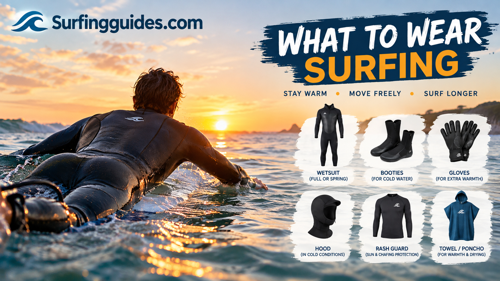 Surfer in a wetsuit paddling out at sunrise, showing what to wear surfing