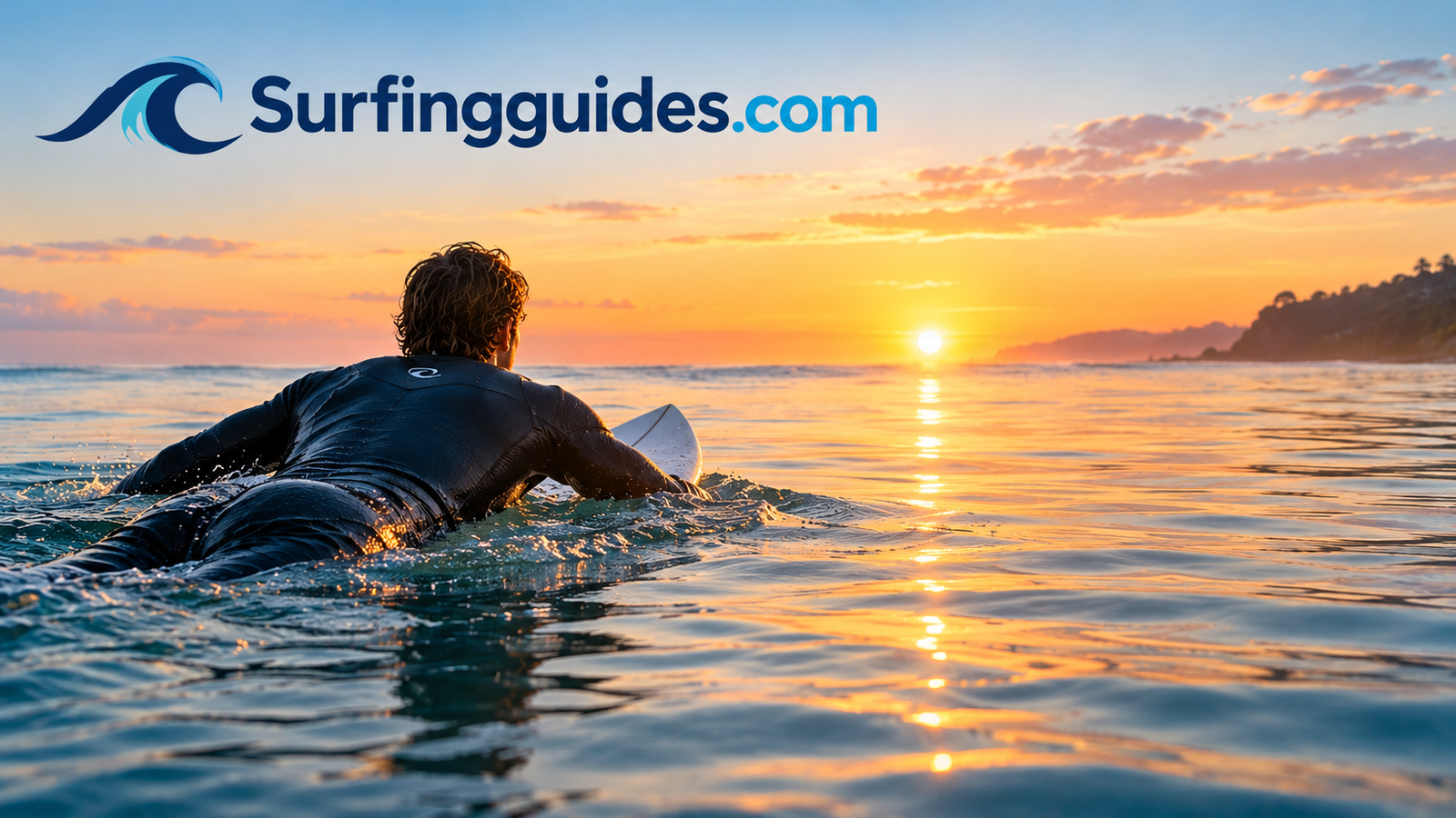 Surfer paddling out at sunrise on a glassy rising tide