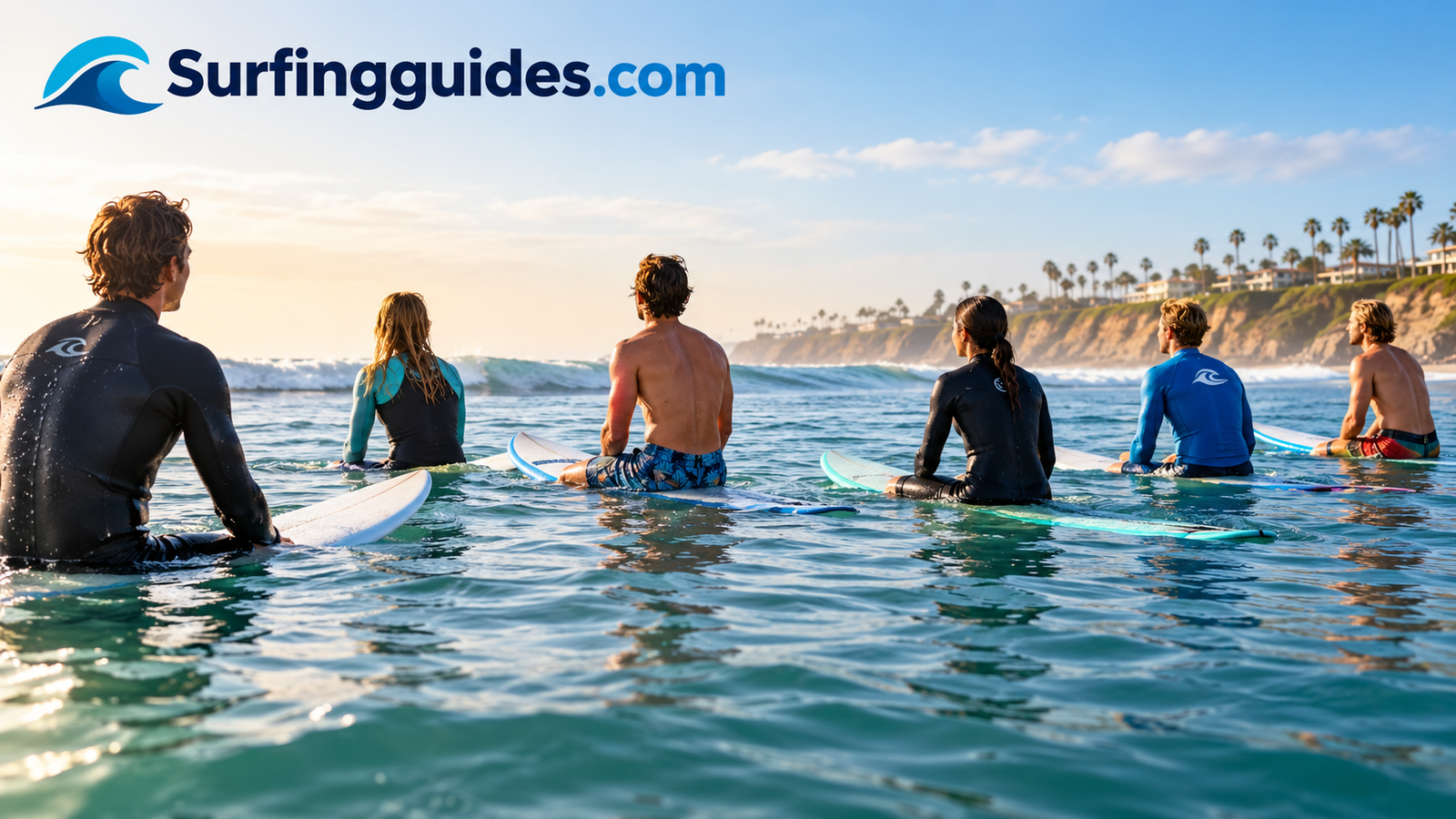 Surfers lined up in the water wearing a mix of wetsuits, rash guards and boardshorts
