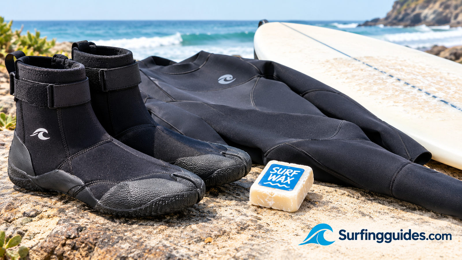 Surfing booties laid out beside a wetsuit and surfboard wax