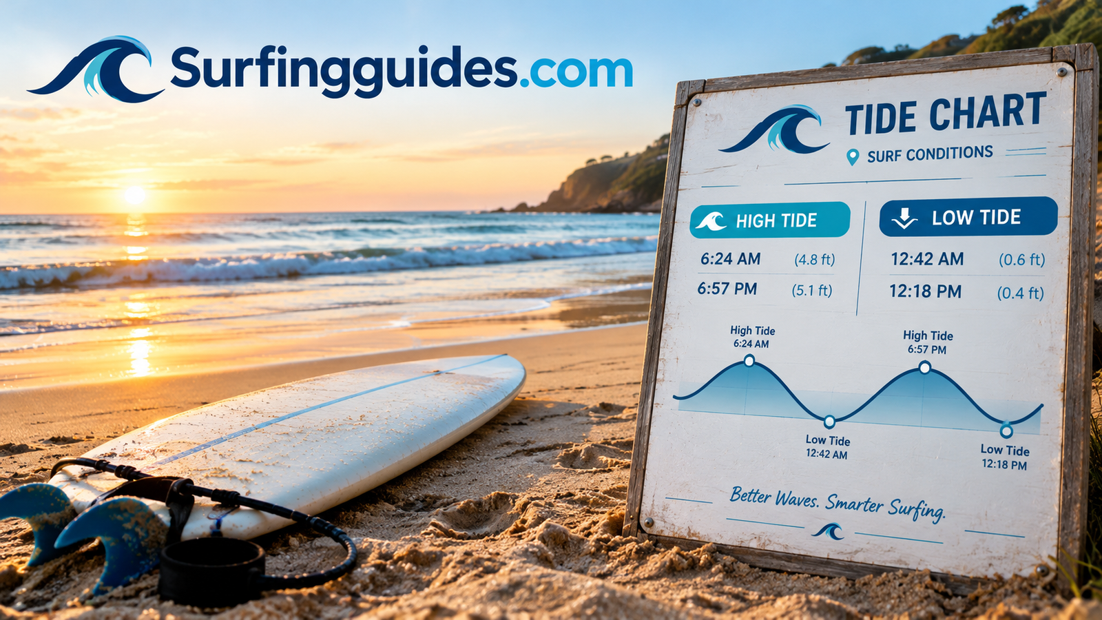 Tide chart next to a surfboard on the sand showing high and low tide times